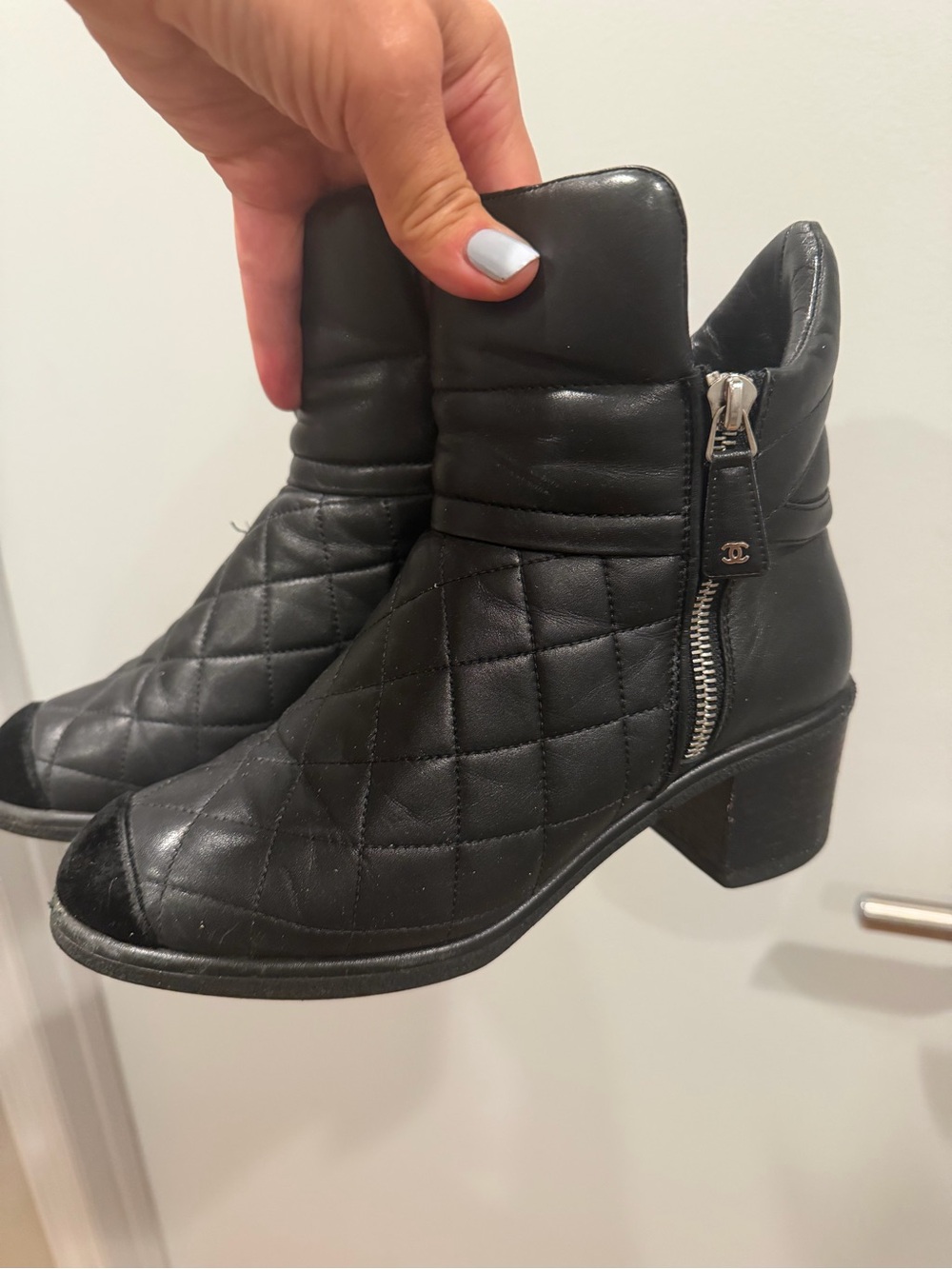 CHANEL Black Quilted Leather Ankle Booties with Side Zipper